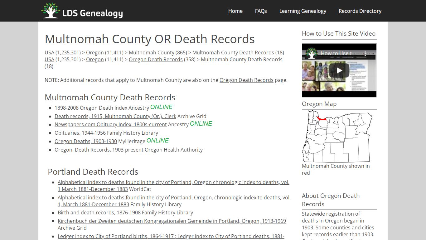 Multnomah County OR Death Records - LDS Genealogy