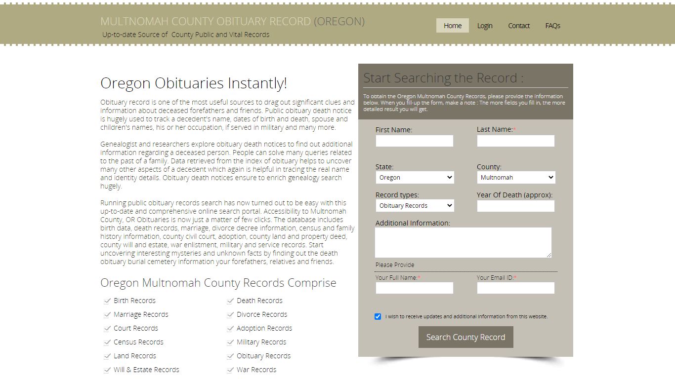 Multnomah County, Oregon Obituary Death Notice Index