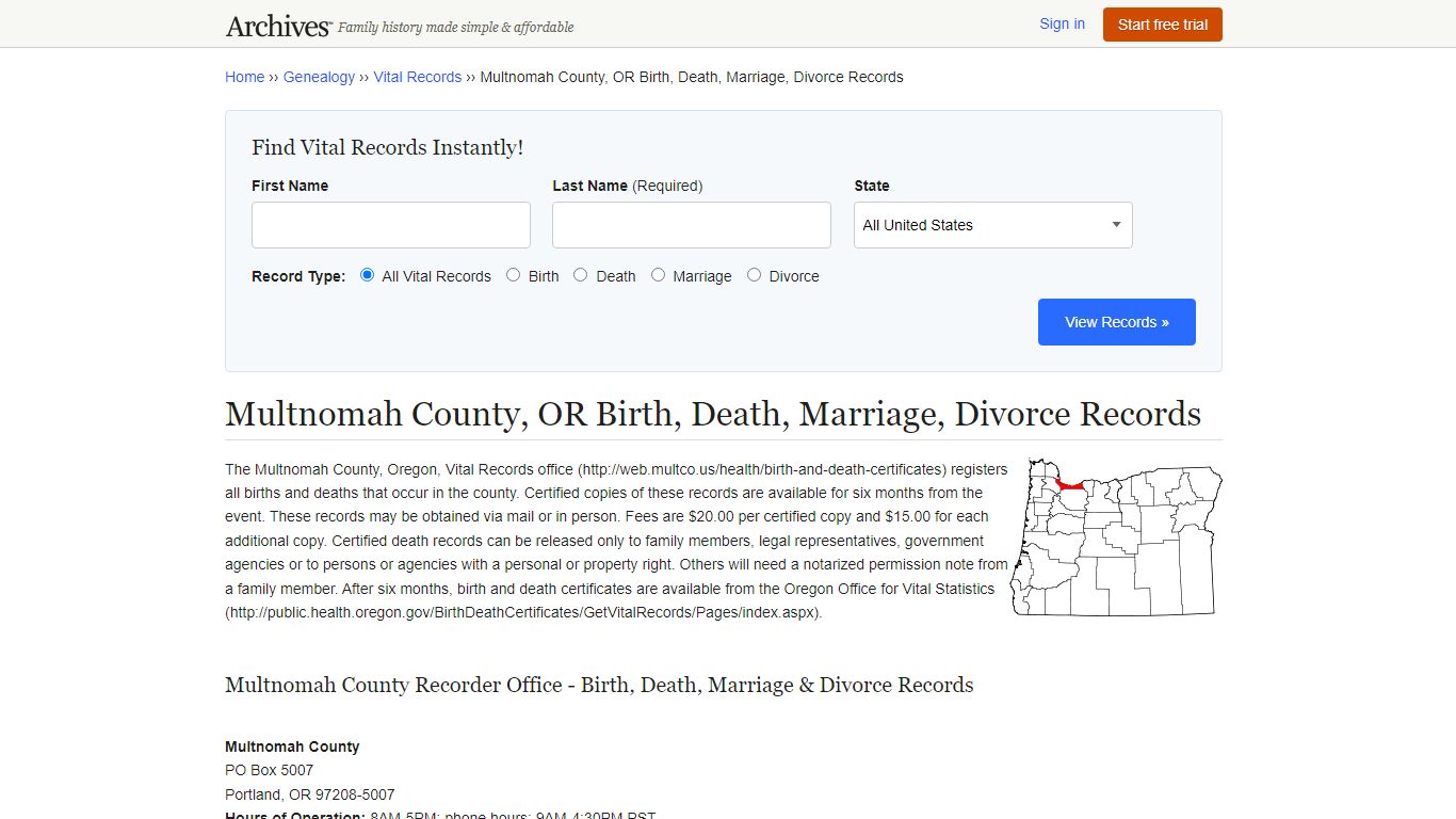 Multnomah County, OR Birth, Death, Marriage, Divorce Records